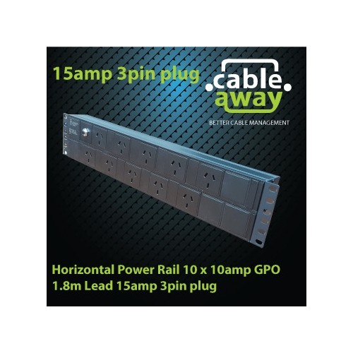 Horizontal Power Rail 10 x 10amp GPO 1.8m Lead 15amp 3pin plug