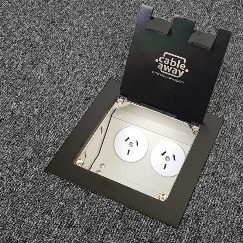 Floor Outlet Box 2 Power 3 Data Stainless Steel Black Flush lid (Square Edge) 145 Series