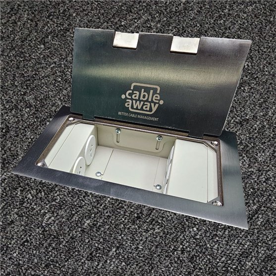 Floor Outlet Box 2 x 10amp Auto Swiched Outlets 3 x Data Provisions - Stainless Steel Flush Square Edge 245 Series (Shallow)