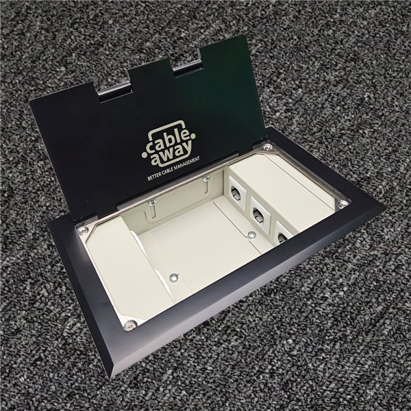 Floor Outlet Box 2 x 10amp Auto Swiched Outlets 3 x Data - Stainless Steel Black Flush Lid 245 Series (Shallow)