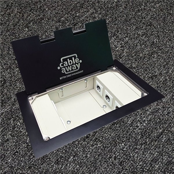 Floor Outlet Box 2 x 10amp Auto Swiched Outlets 3 x Data - Stainless Steel Black Flush Lid (Square Edge) 245 Series (Shallow)