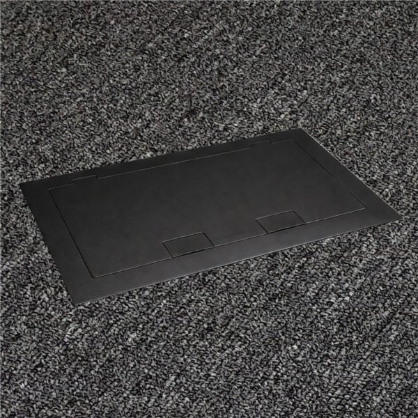 Floor Outlet Box 2 x 10amp Auto Swiched Outlets 3 x Data - Stainless Steel Black Flush Lid (Square Edge) 245 Series (Shallow)