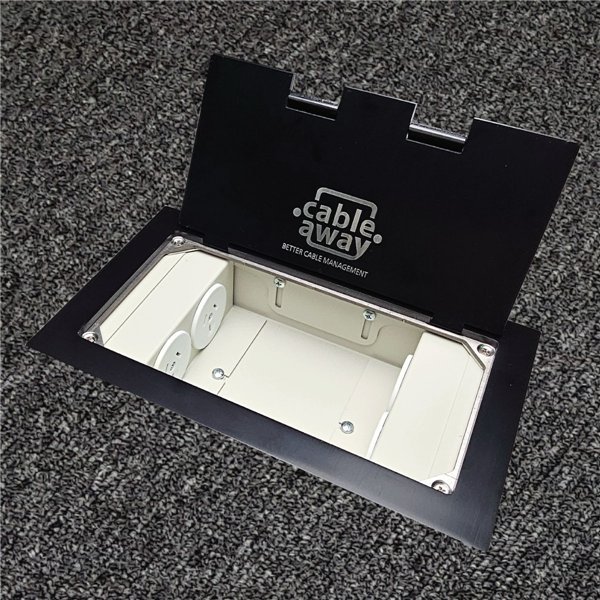 Floor Outlet Box 4 x 10amp Auto Swiched Outlets - Stainless Steel Black Flush Lid (Square Edge) 245 Series (Shallow)