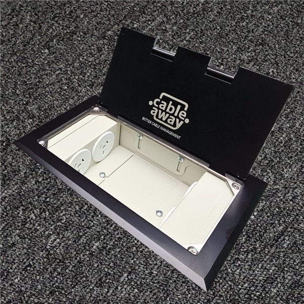 Floor Outlet Box 4 x 10amp Auto Swiched Outlets - Stainless Steel Black Flush Lid  245 Series (Shallow)