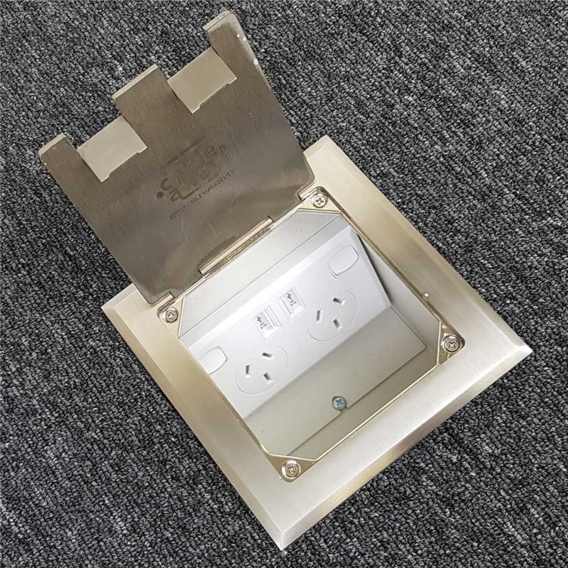 Floor Outlet Box 1 Standard GPO ( 2 x USB charge) Stainless Steel Flush lid 145 Series