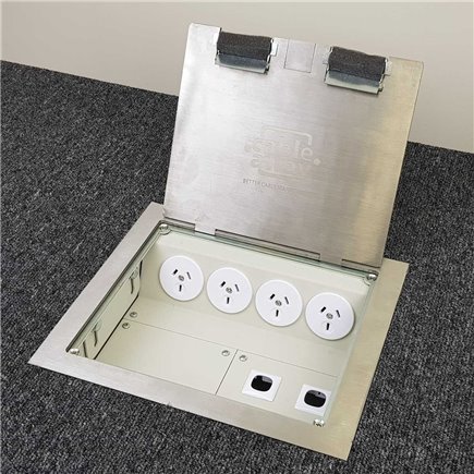 4 Power 4 Data Stainless Steel Square Edge Flush Floor Outlet Box