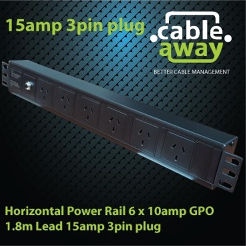 Horizontal Power Rail 6 x 10amp GPO 1.8m Lead 15amp 3 pin plug