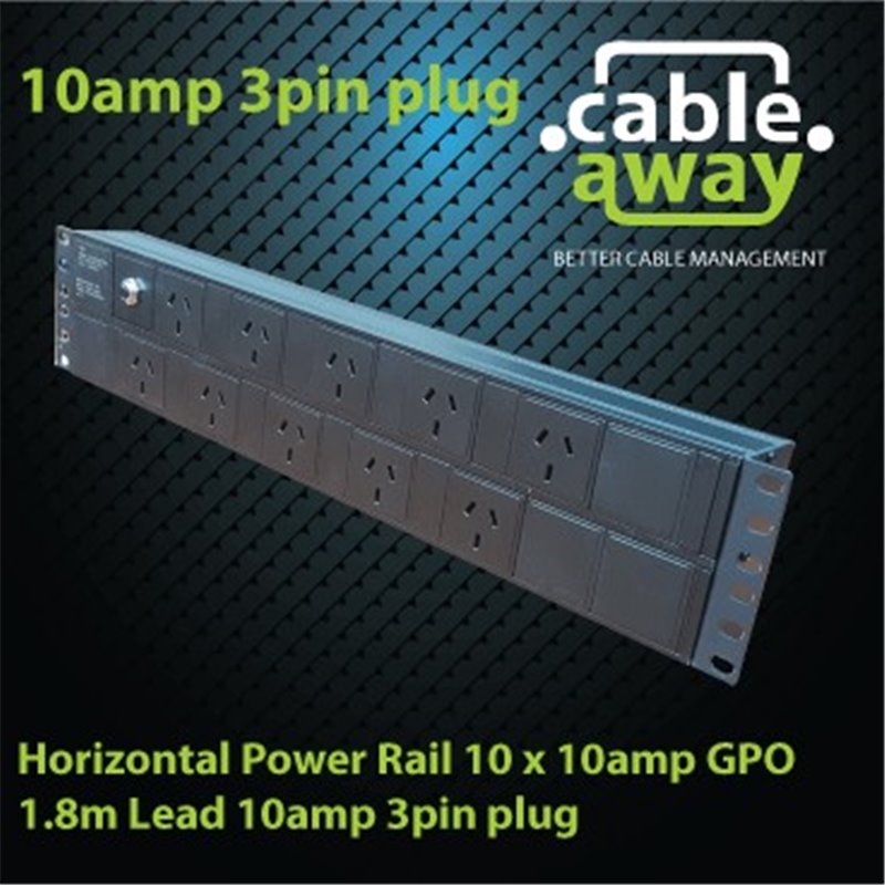 Horizontal Power Rail 10 x 10amp GPO 1.8m Lead 10amp 3pin plug