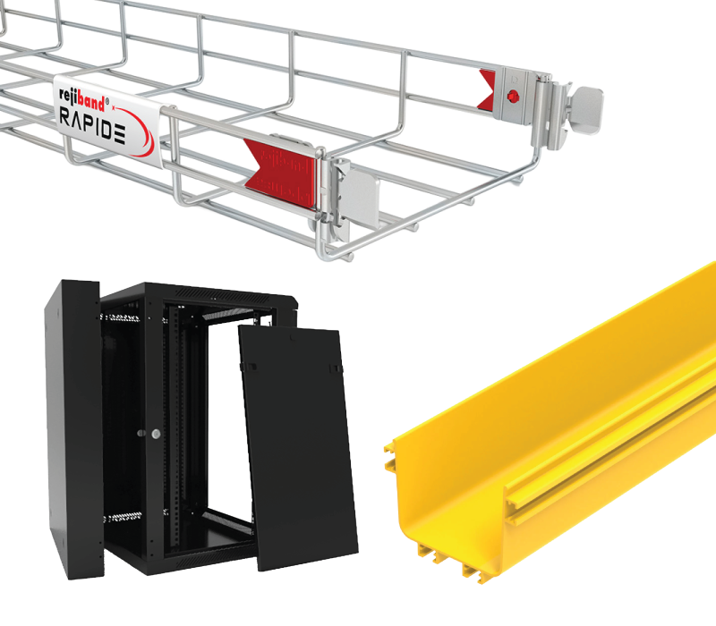 Wire mesh cable tray, wall data cabinet and fibre raceway